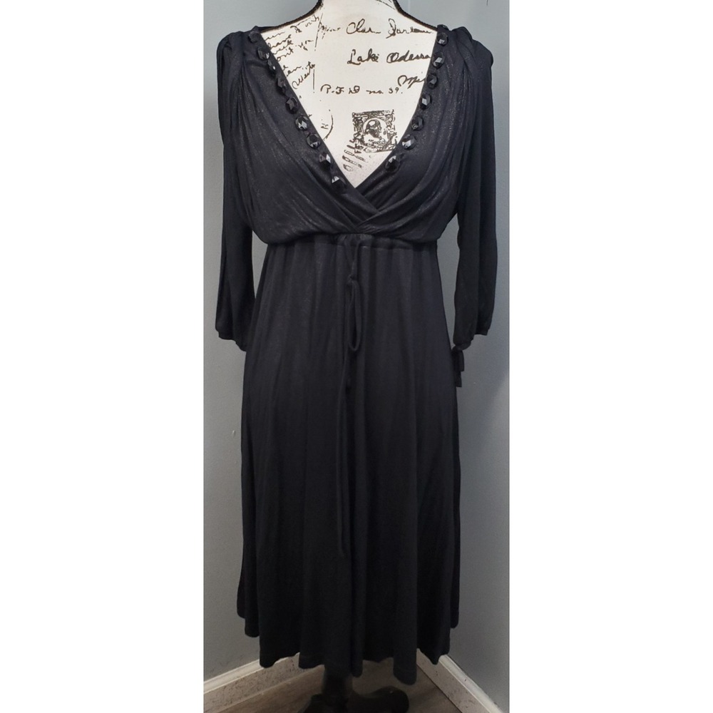 BCBGMAXAZRIA Sheath Dress Womens M Black Metallic Beaded Surplice Neck Tie Waist
